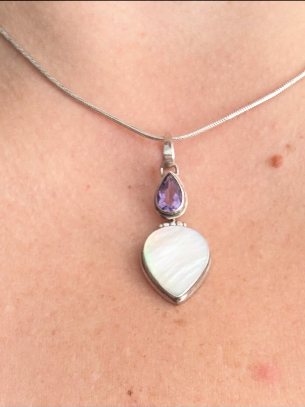 Sterling Silver Mother of Pearl & Amethyst Teardrop Pendant Necklace